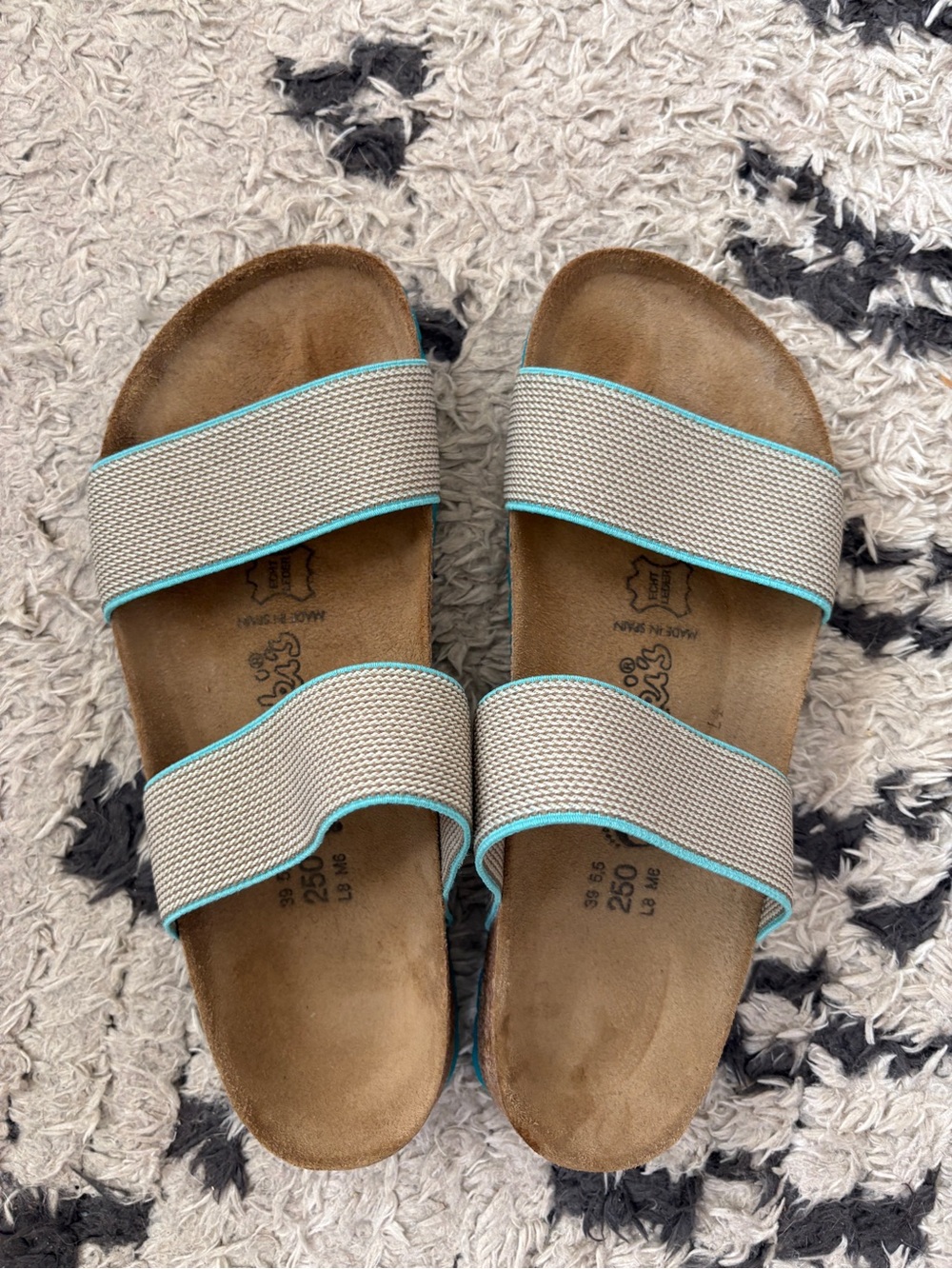 Birkenstock Taupe Slide Sandals with Aqua Trim